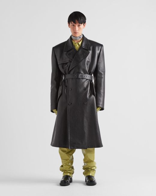 Prada Oversized Double-breasted Leather Trench Coat in Black for Men | Lyst