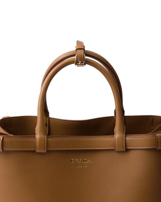 Prada Brown Buckle Medium Leather Handbag With Double Belt