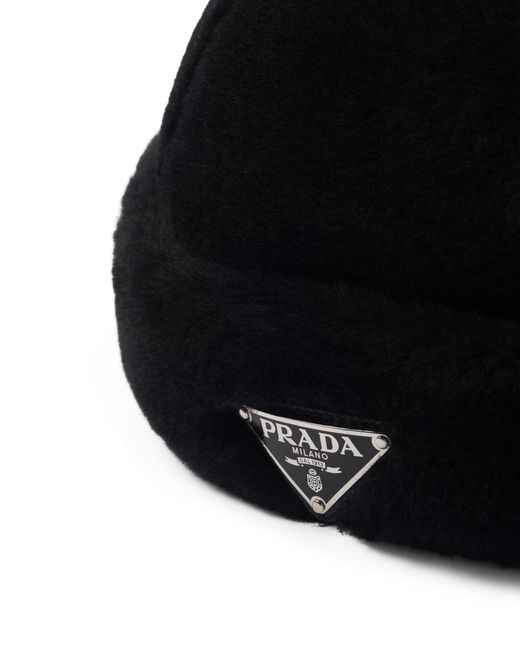 Prada Black Logo Plaque Shearling Hat for men