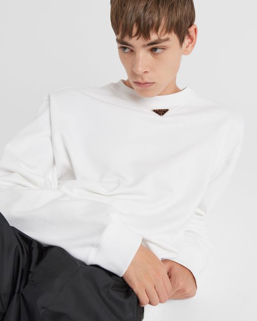 Prada White Oversized Cotton Sweatshirt With Triangle Logo for men