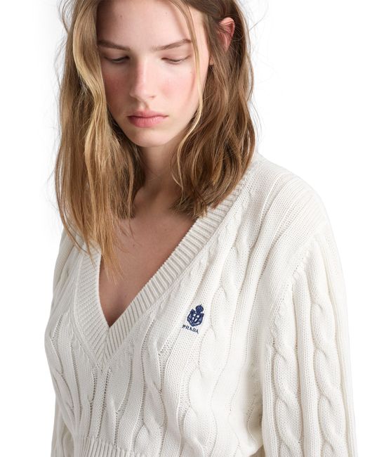 Prada White V-Neck Cotton Sweater