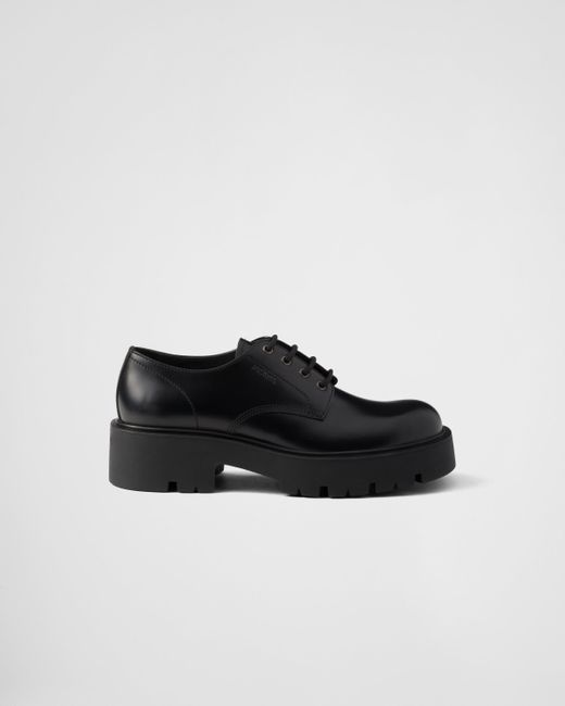 Prada Black Brushed Leather Derby Shoes for men