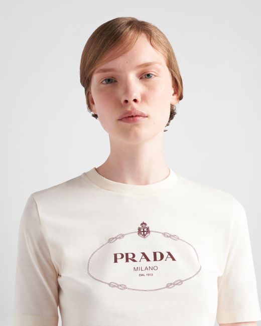 Prada White Bedrucktes T-Shirt Aus Jersey