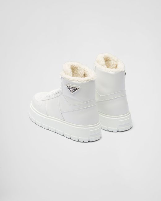 Prada White Leather And Shearling High-top Sneakers