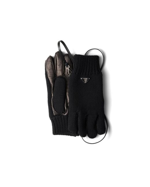 Prada Black Wool And Nappa Leather Gloves, Size 8 for men