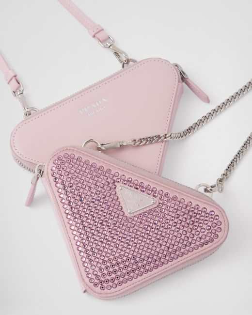 Prada Pink Triangular Embellished Satin And Leather Mini-Pouch