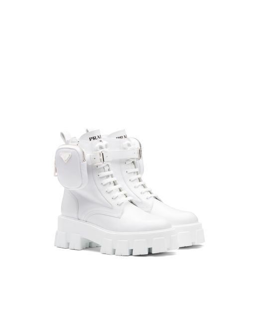 Prada Monolith Leather And Nylon Fabric Combat Boots in White - Lyst