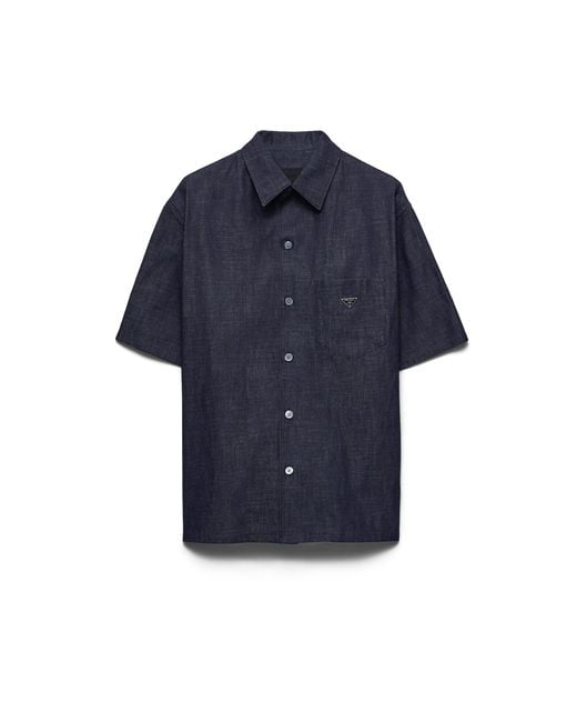 Prada Blue Short-Sleeved Chambray Denim Shirt for men