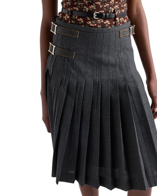 Prada Blue Pleated Wool Hopsack Skirt