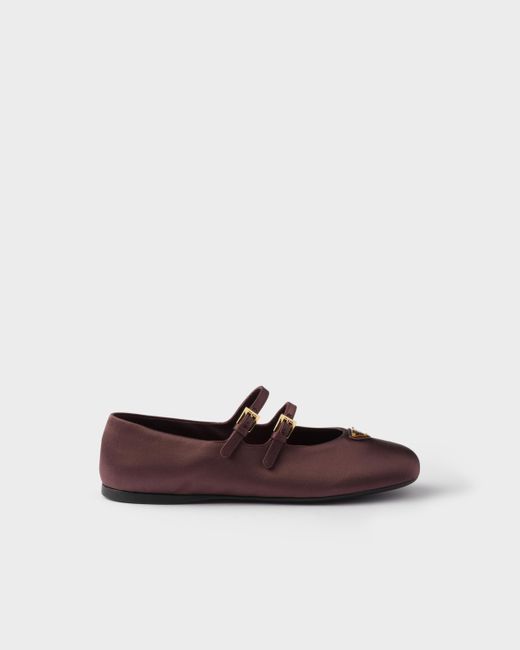 Prada Double-Strap Satin Mary Jane Flats in Brown | Lyst UK