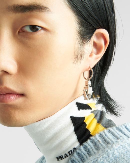 Prada White Single Earring With Robot Jewels Pendant for men