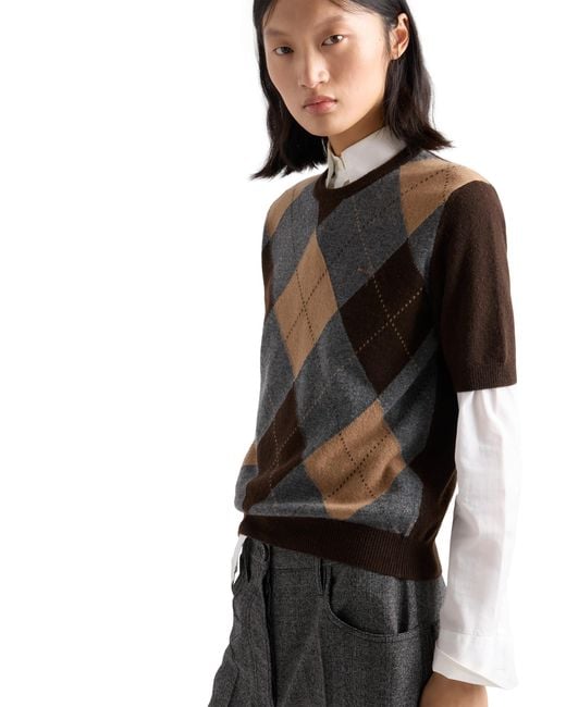 Prada Black Short-Sleeved Argyle Cashmere Sweater, Dark/Slate