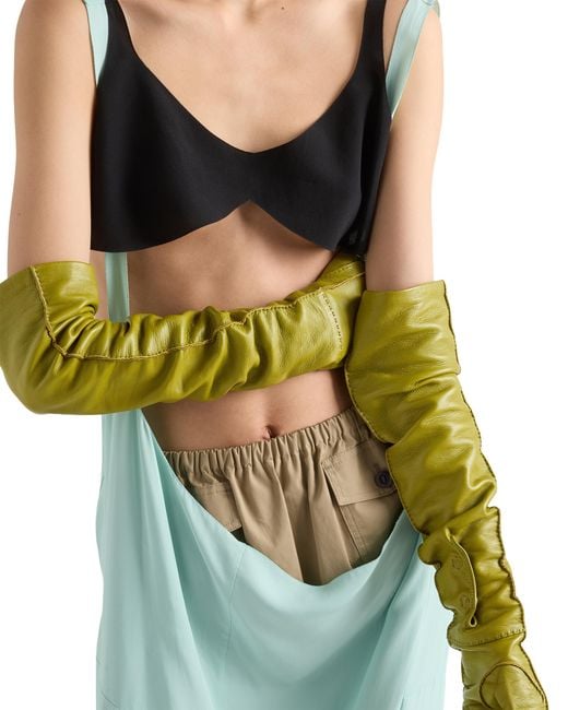 Prada Green Leather Long Gloves, Size 7,5