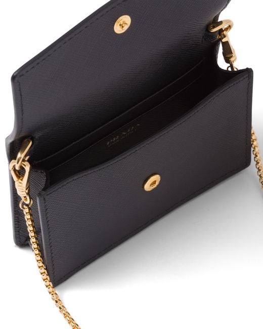 Prada Black Saffiano Leather Card Holder With Shoulder Strap