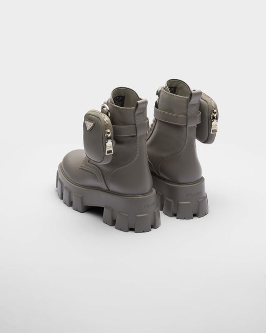 Prada Gray Monolith Leather And Re-Nylon Boots With Pouch
