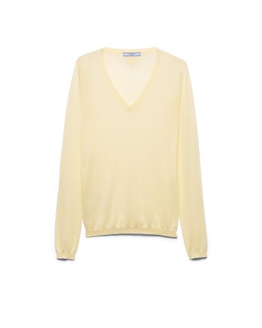 Jersey De Cachemir Y Seda Con Escote En V, Mujer, Talla Prada de color Natural