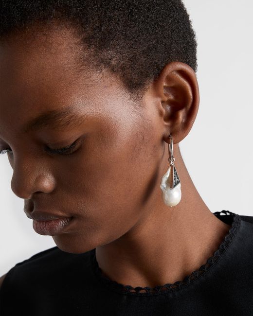 Prada White Metal And Pearl Earrings