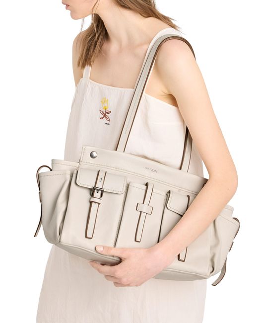 Prada Metallic Route Large Leather Tote Bag, Chalk