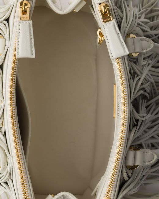 Prada White Galleria Small Leather Bag With Fringe