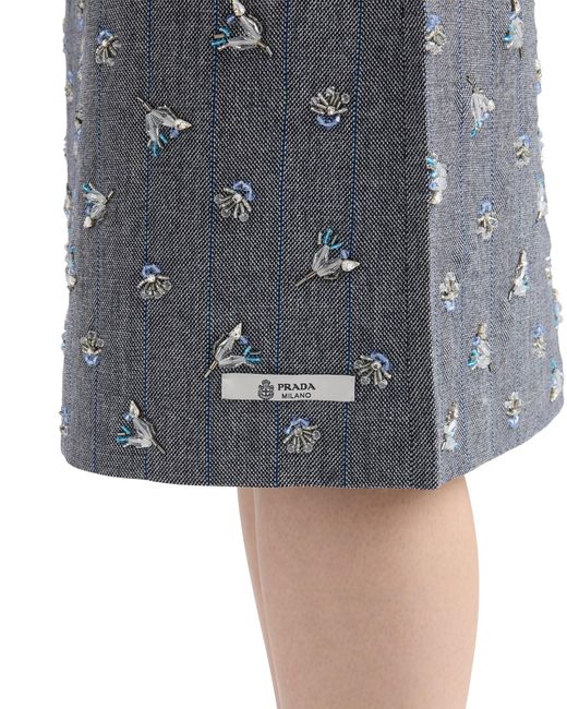 Prada Gray Embellished Pinstripe Wool Midi-Skirt