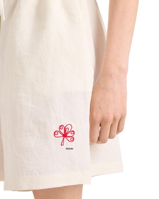 Prada White Embroidered Slubbed Linen Shorts