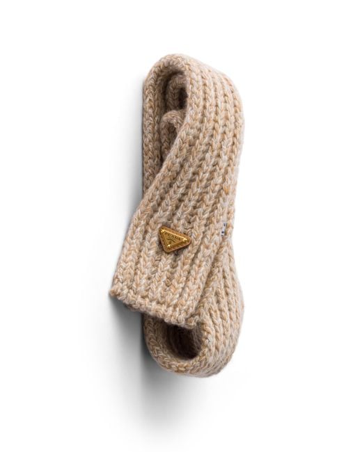 Prada White Wool And Mouliné Cashmere Scarf, Desert/Camel
