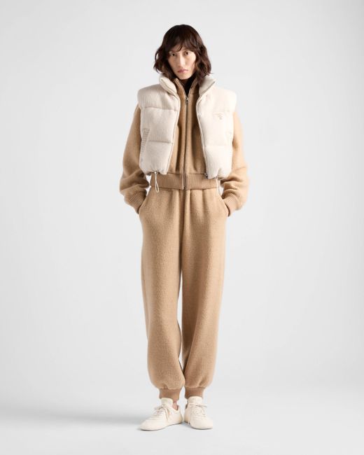 Prada Natural Embroidered Logo Wool-Cashmere Down Vest