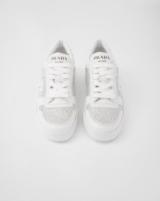 Prada White Leather Sneakers With Crystals