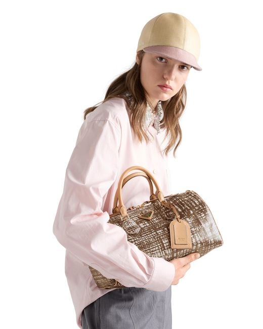 Prada Brown Medium Linen Blend And Leather Top-Handle Bag, Brandy