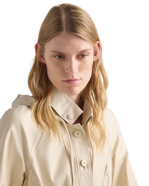 Prada Natural Hooded Nappa Leather And Fabric Coat, Ivory