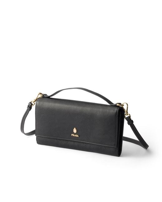 Prada Black Leather Wallet With Shoulder Strap
