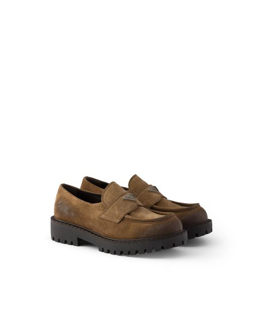 Prada Brown Aged Suede Loafers, Size 5 for men