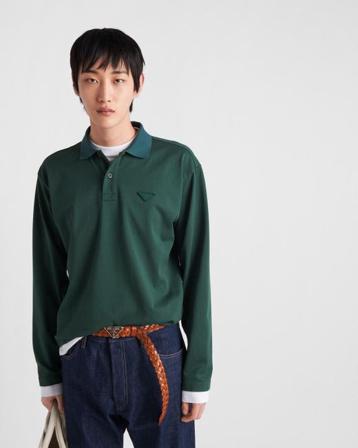 Prada Green Long-Sleeved Cotton Polo Shirt for men
