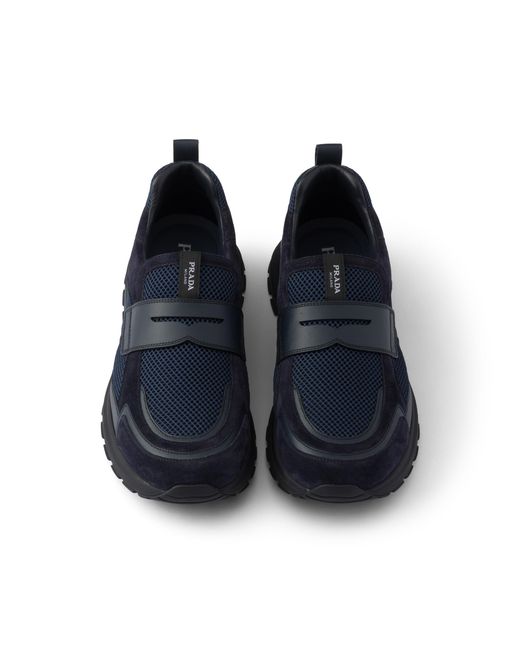 Prada Blue Prax Mesh Fabric And Leather Loafers, Size 5 for men