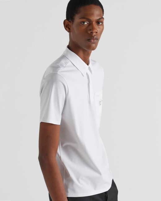 Prada White Stretch Cotton Polo Shirt With Re-Nylon Details for men
