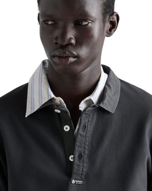 Prada Black Long-Sleeved Cotton Polo Shirt, Carbone for men