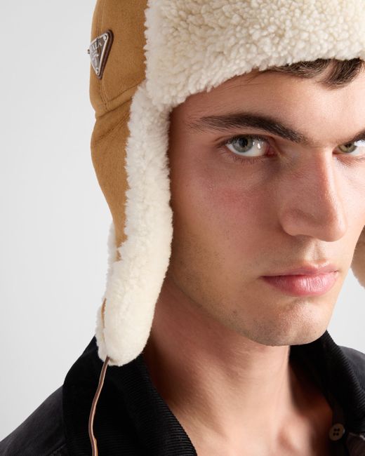 Prada Natural Suede Shearling Trapper Hat for men