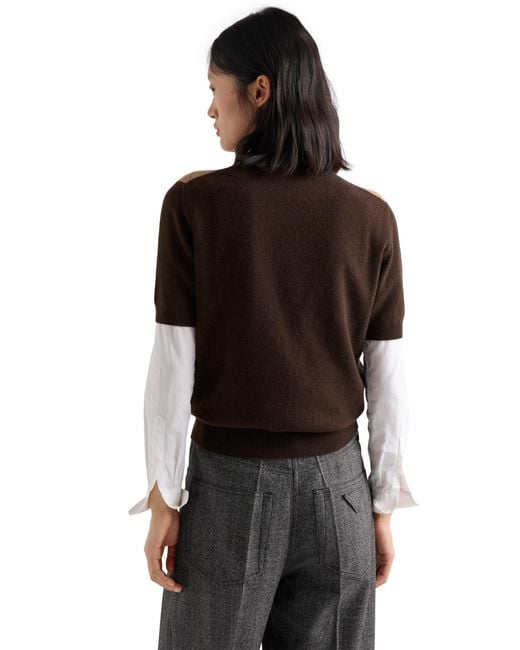 Prada Black Short-Sleeved Argyle Cashmere Sweater, Dark/Slate