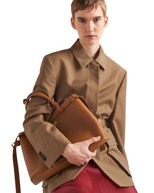 Prada Brown Buckle Medium Leather Handbag With Double Belt