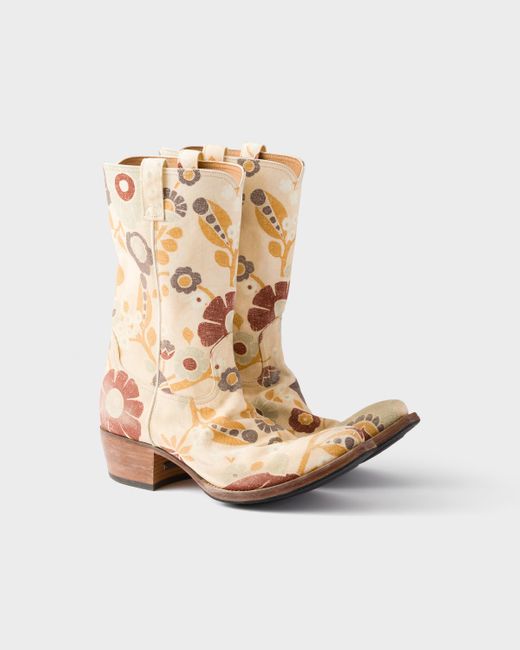 Prada White Printed Fabric Boots for men