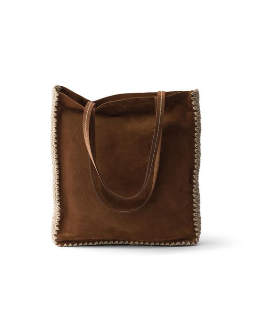 Prada Brown Large Suede And Crochet Tote Bag