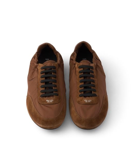 Prada Brown Collapse Re-Nylon And Suede Elasticized Sneakers, Palisander for men