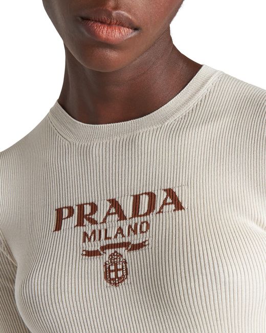 Prada White Silk Crew-Neck Sweater With Logo