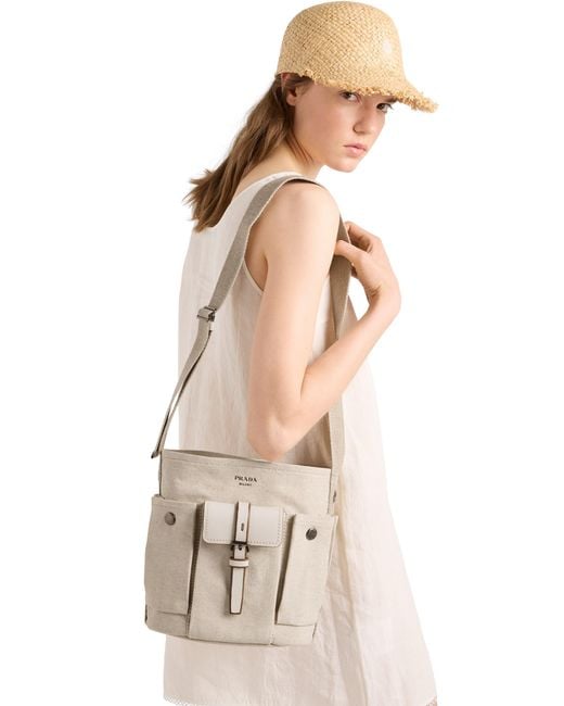 Prada Route Mini Canvas And Leather Bucket Bag, Natural