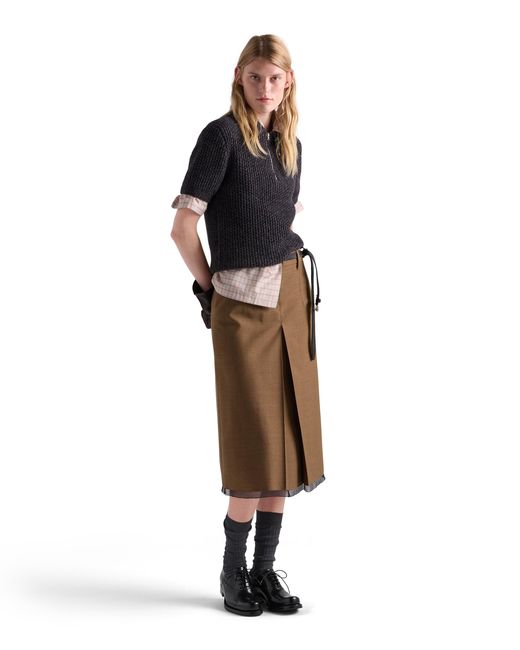 Prada Natural Wool Midi-Skirt, Tobacco