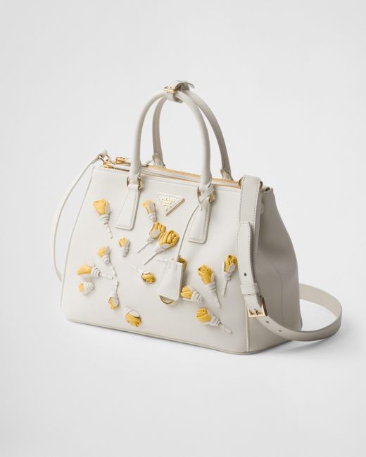 Prada Large Galleria Leather Bag With Floral Appliques in White Lyst