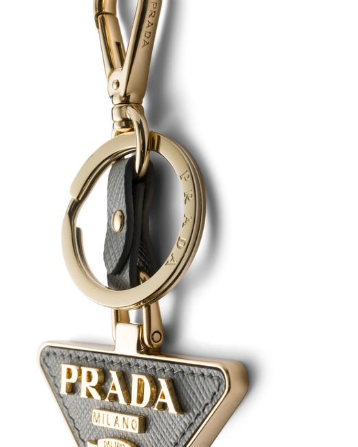 Prada White Saffiano Leather And Metal Keychain