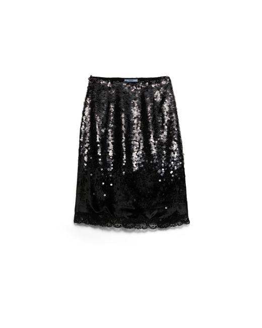 Prada Black Embroidered Velvet Midi-Skirt