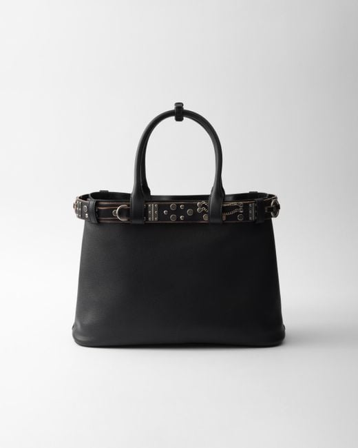Prada Black Large Buckle Leather Bag With Studded Belt