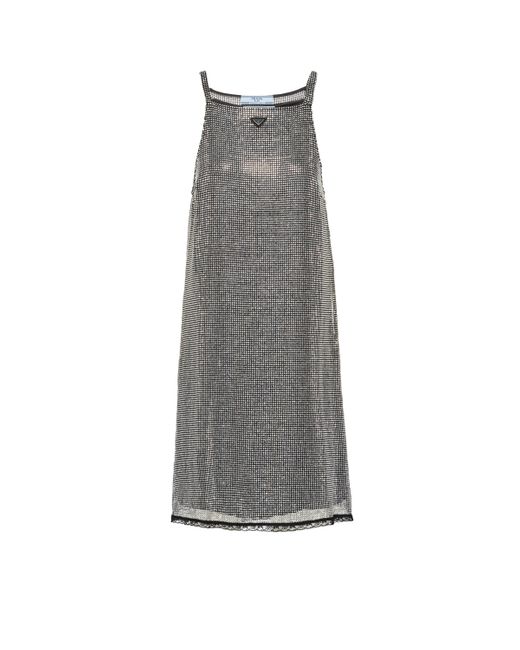 Prada Gray Embroidered Rhinestone Mesh Dress